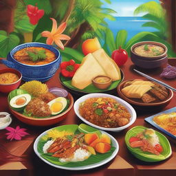 A vibrant and colorful depiction of traditional Balinese cuisine, featuring a variety of dishes such as Nasi Goreng, Satay, Lawar, and fresh tropical fruits