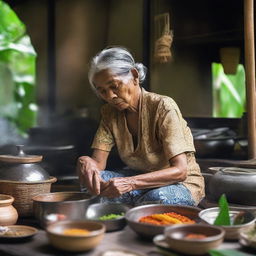 An elderly Balinese woman is cooking in a traditional kitchen