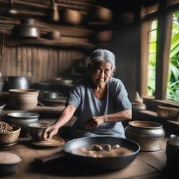 An elderly Balinese woman is cooking in a traditional kitchen