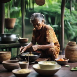 An elderly Balinese woman is cooking in a traditional kitchen