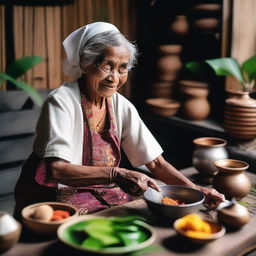 An elderly Balinese woman is cooking in a traditional kitchen