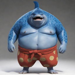 Create an image of Jinbe, a character from One Piece. He is a large humanoid whale shark fish-man, wearing traditional Japanese attire with a steady and serious expression.