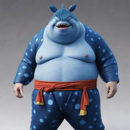 Create an image of Jinbe, a character from One Piece. He is a large humanoid whale shark fish-man, wearing traditional Japanese attire with a steady and serious expression.