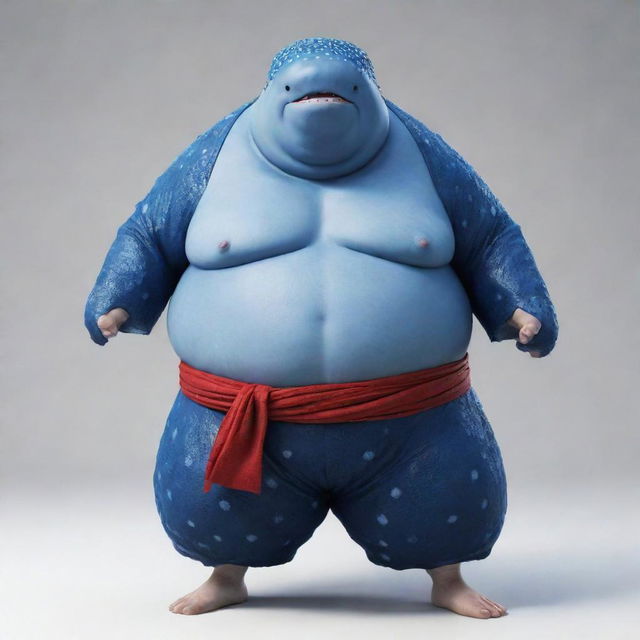 Create an image of Jinbe, a character from One Piece. He is a large humanoid whale shark fish-man, wearing traditional Japanese attire with a steady and serious expression.