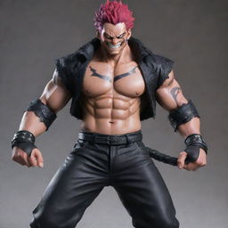 Generate a detailed image of the character Katakuri from One Piece. He is extremely tall and muscular, with flowing scarlet hair, and a heavily tattooed body, wearing trousers and long black gloves.