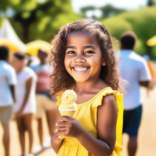 A young girl eagerly looks at a delicious mango ice cream cone