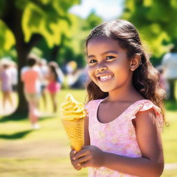 A young girl eagerly looks at a delicious mango ice cream cone