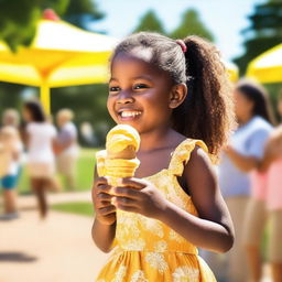 A young girl eagerly looks at a delicious mango ice cream cone