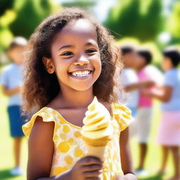 A young girl eagerly looks at a delicious mango ice cream cone