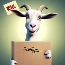 Create a meme featuring Pilgor, the infamous goat from the Goat Simulator game, holding a postal package with a mischievous expression