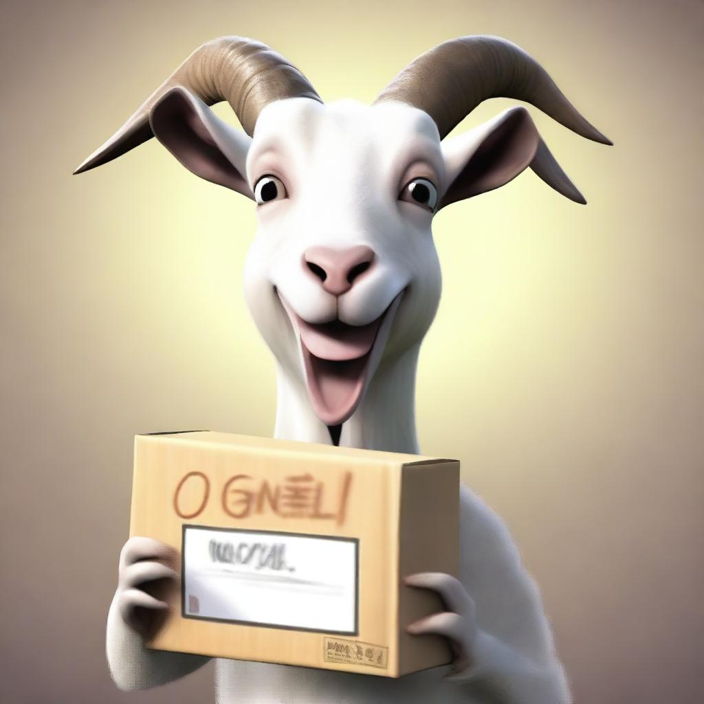 Create a meme featuring Pilgor, the infamous goat from the Goat Simulator game, holding a postal package with a mischievous expression