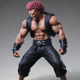 Generate a detailed image of the character Katakuri from One Piece. He is extremely tall and muscular, with flowing scarlet hair, and a heavily tattooed body, wearing trousers and long black gloves.