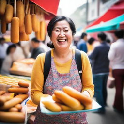 A vibrant and energetic scene featuring a joyful mother eating a Korean corn dog in a bustling Korean street market