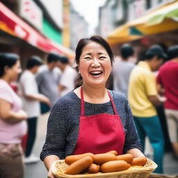 A vibrant and energetic scene featuring a joyful mother eating a Korean corn dog in a bustling Korean street market