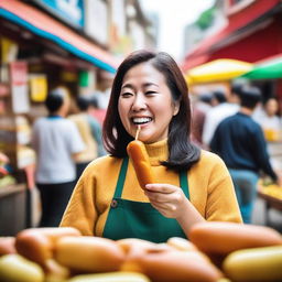 A vibrant and energetic scene featuring a joyful mother eating a Korean corn dog in a bustling Korean street market