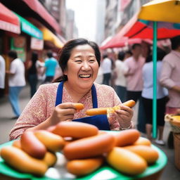 A vibrant and energetic scene featuring a joyful mother eating a Korean corn dog in a bustling Korean street market