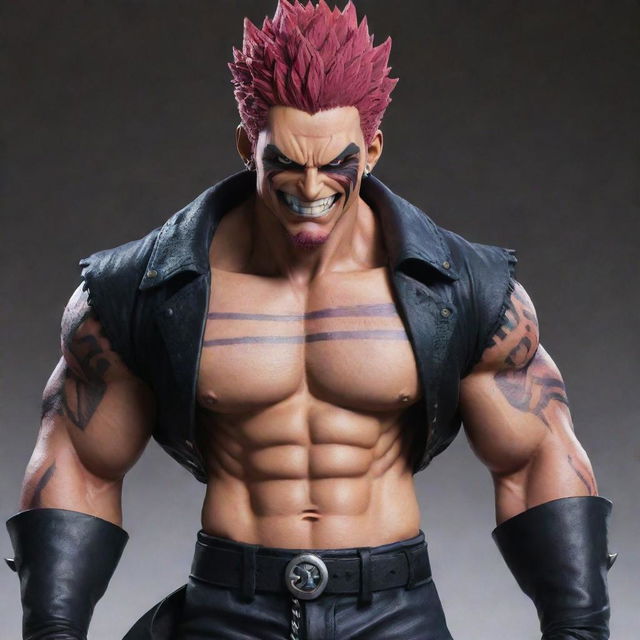 Generate a detailed image of the character Katakuri from One Piece. He is extremely tall and muscular, with flowing scarlet hair, and a heavily tattooed body, wearing trousers and long black gloves.