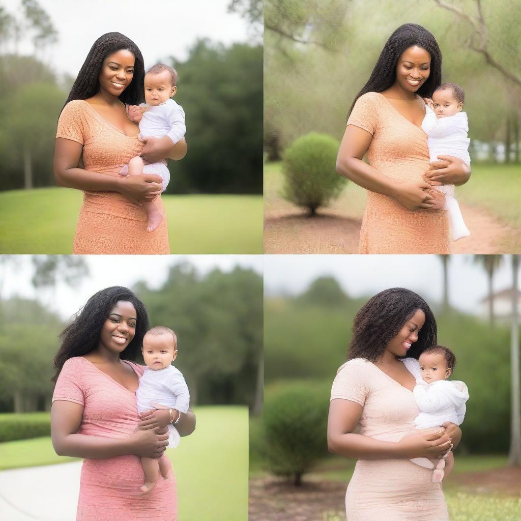 A mother holding a baby in her arms, depicted in four different seasons (spring, summer, fall, winter) in Orlando