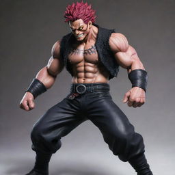 Generate a detailed image of the character Katakuri from One Piece. He is extremely tall and muscular, with flowing scarlet hair, and a heavily tattooed body, wearing trousers and long black gloves.