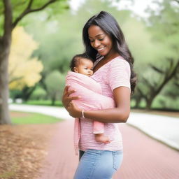 A mother holding a baby in her arms, depicted in four different seasons (spring, summer, fall, winter) in Orlando