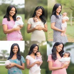 A mother holding a baby in her arms, depicted in four different seasons (spring, summer, fall, winter) in Orlando