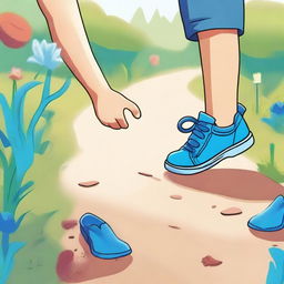 A small boy's hand reaching out to touch a pair of magical blue shoes on a ground path