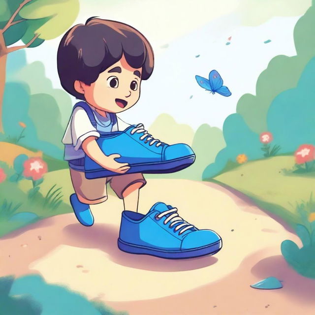 A small boy's hand reaching out to touch a pair of magical blue shoes on a ground path