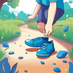 A small boy's hand reaching out to touch a pair of magical blue shoes on a ground path