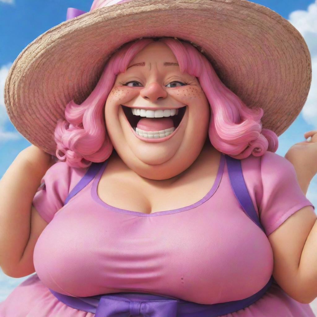 Generate a visually striking image of Big Mom from One Piece. She is a very large and round old woman with a grinning face, wearing a pink dress and a pink sunhat with a purple ribbon.