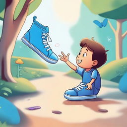 A small boy's hand reaching out to touch a pair of magical blue shoes on a ground path