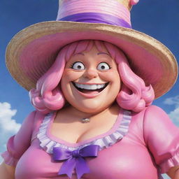 Generate a visually striking image of Big Mom from One Piece. She is a very large and round old woman with a grinning face, wearing a pink dress and a pink sunhat with a purple ribbon.