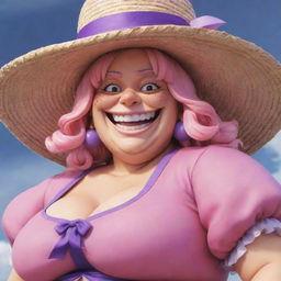 Generate a visually striking image of Big Mom from One Piece. She is a very large and round old woman with a grinning face, wearing a pink dress and a pink sunhat with a purple ribbon.