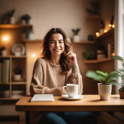 A woman is sitting on a table in a cozy room with warm lighting