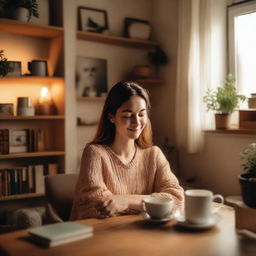 A woman is sitting on a table in a cozy room with warm lighting