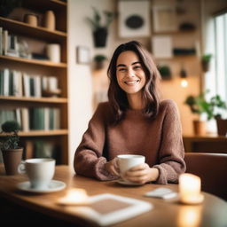 A woman is sitting on a table in a cozy room with warm lighting