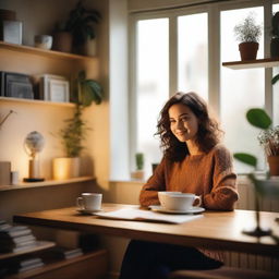 A woman is sitting on a table in a cozy room with warm lighting