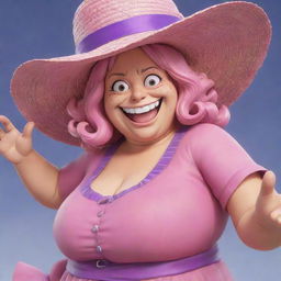 Generate a visually striking image of Big Mom from One Piece. She is a very large and round old woman with a grinning face, wearing a pink dress and a pink sunhat with a purple ribbon.