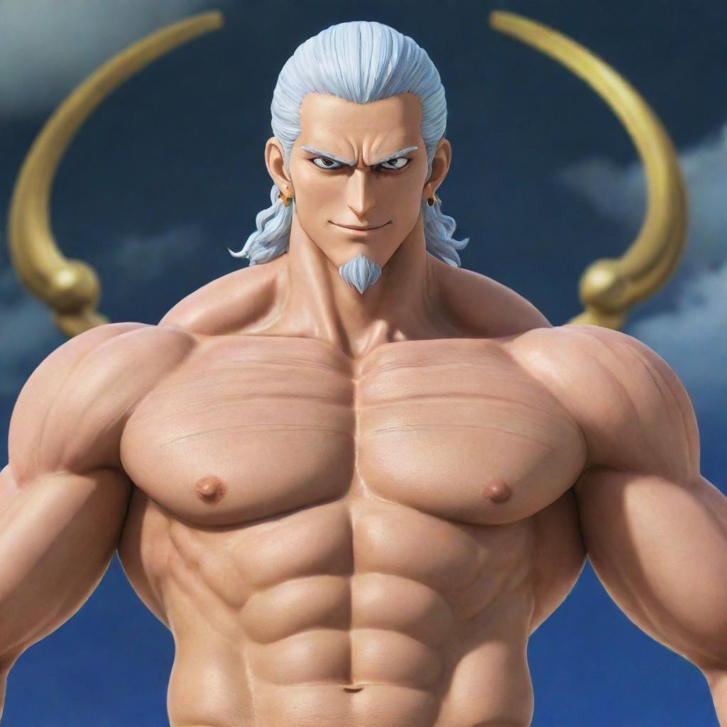 Create a striking image of God Enel, a character from One Piece. He is shirtless, muscular with long, curly white hair, large earlobes, and wears gold arm bands.