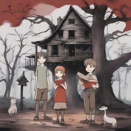 A scene featuring three boys and one girl standing together