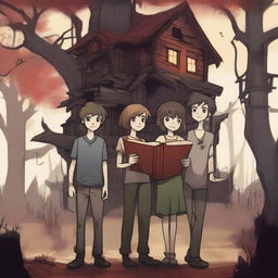 A scene featuring three boys and one girl standing together