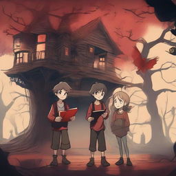 A scene featuring three boys and one girl standing together