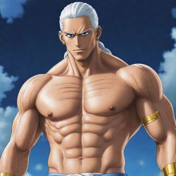 Create a striking image of God Enel, a character from One Piece. He is shirtless, muscular with long, curly white hair, large earlobes, and wears gold arm bands.