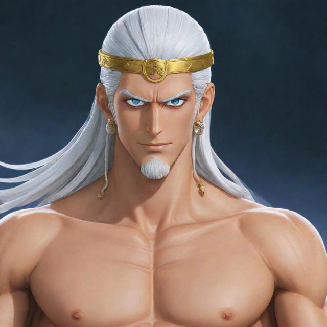 Create a striking image of God Enel, a character from One Piece. He is shirtless, muscular with long, curly white hair, large earlobes, and wears gold arm bands.