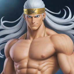 Create a striking image of God Enel, a character from One Piece. He is shirtless, muscular with long, curly white hair, large earlobes, and wears gold arm bands.