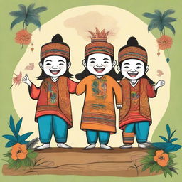 Design for a t-shirt featuring three mischievous friends in a Javanese style