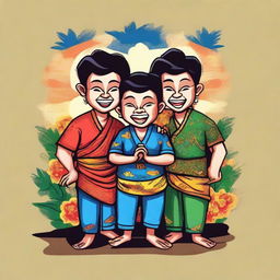 Design for a t-shirt featuring three mischievous friends in a Javanese style