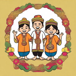 Design for a t-shirt featuring three mischievous friends in a Javanese style