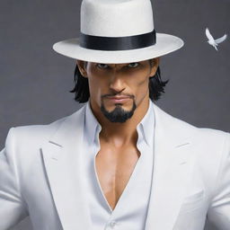 Generate a detailed image of Rob Lucci from One Piece. This character is muscular with short dark hair, a small beard, wearing a white suit with a bird named Hattori often perched on his shoulder.