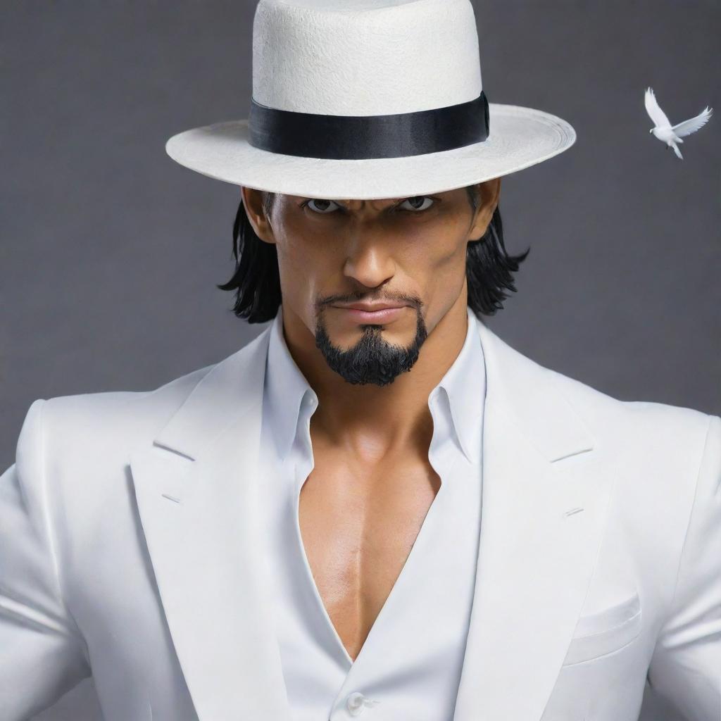 Generate a detailed image of Rob Lucci from One Piece. This character is muscular with short dark hair, a small beard, wearing a white suit with a bird named Hattori often perched on his shoulder.