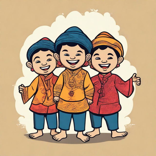 Design for a t-shirt featuring three mischievous friends in a Javanese style